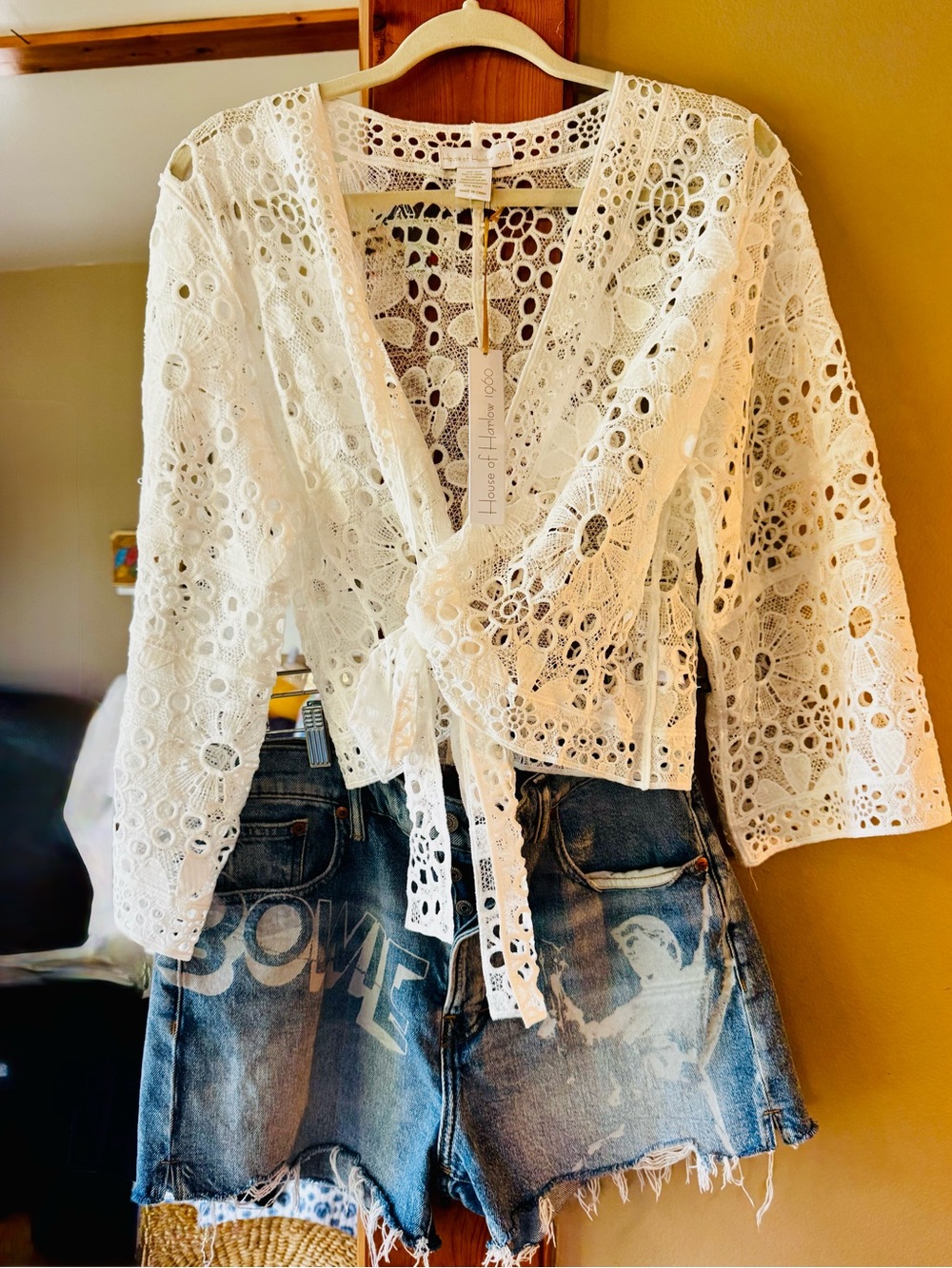 House of Harlow 1960 White Crochet Tie-Front Blouse